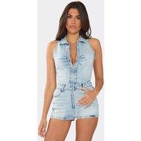 EGO Women's Sleeveless Zip Ruched Denim Playsuit in Baby Blue | Size: 6