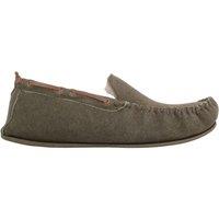 SNUGRUGS Men's Easy Slip On Suede Berber Fleece Winter Moccasin Slippers with Leather Trim in Olive | Size: 12