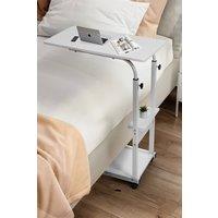 ExtraStar Height Adjustable Overbed Table with Storage Shelf, Mobile Laptop Desk in White