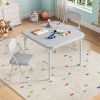 London Boutique 3PCS Kids Folding Table & Chair Set Dining Table &2 Upholstered Chairs in Grey