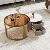 BTM Round Nesting Coffee Tables with 2 Drawers, 2-in-1 Set in Grey