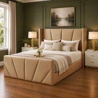 Desire Deco Plush Velvet Carson Wingback Ottoman Storage Bed Frame in Beige | Size: Single