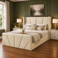 Desire Deco Plush Velvet Carson Wingback Ottoman Storage Bed Frame in Cream | Size: Double