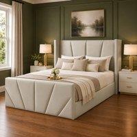Desire Deco Plush Velvet Carson Wingback Ottoman Storage Bed Frame in Light Beige | Size: Double