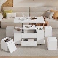 BTM Lift-Top Coffee Table with Stools & Storage 100cm in White