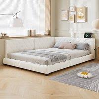 BTM Upholstered Bed with Side Rails & Dual Headboards in White | Size: Double