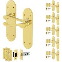 AFIT Brass Door Handles Latch Set, 6 Pairs Polished Brass Backplate, Hinges in Gold | Size: 150mm x 150mm