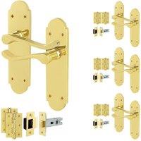 AFIT Brass Door Handles Latch Set, 4 Pairs Polished Brass Backplate, Hinges in Gold | Size: 150mm x 150mm