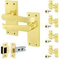 AFIT Brass Door Handles with Latch, 5 Pairs Polished Brass Backplate, Latch in Gold | Size: 150mm x 150mm