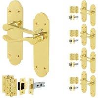 AFIT Brass Door Handles Latch Set, 5 Pairs Polished Brass Backplate, Hinges in Gold | Size: 150mm x 150mm