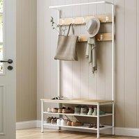 VASAGLE Large Coat Rack with Bench Hooks & Hanging Rail in White