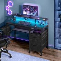 VASAGLE Computer Home Office Desk with Monitor Stand LED Lighting USB Ports in Black