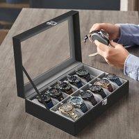 SONGMICS Watch Box with 12 Slots Glass Lid & Metal Clasp in Light Grey