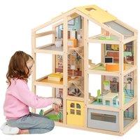 Gymax Wooden Dollhouse Doll House Playset With 7 Rooms 1 Puppy for Aged 3+ in Light Khaki