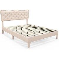 NESTLUNE King Size Bed Frame Wooden Slat Bed Platform Upholstered in Beige