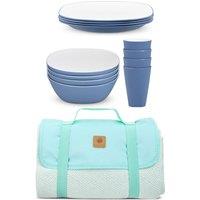 Bayside Blue Pool 12 Piece Two Tone Picnic Tableware Set with Whitesands Picnic Blanket