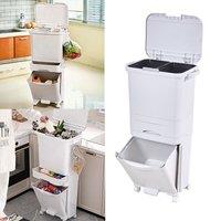 Living and Home 49L 3-Tier Rolling Dry Wet Separation Rubbish Bin Divided Dustbin Trash Bin with Drawer, Wheels in White