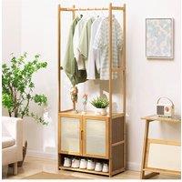 Freestanding Wooden Garment Rack with Storage Cabinet in Brown