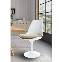 Fusion Living White Tulip Dining Chair with Velveteen Cushion in Beige