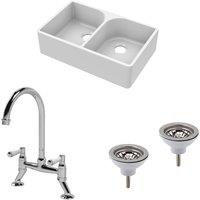 Balterley Fireclay 2 Bowl Full Weir Butler Sink No Overflow Wastes Tap 795mm in White