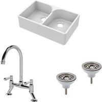 Balterley Fireclay 2 Bowl Stepped Weir Butler Sink Wastes Bridge Tap 795mm in White