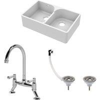 Balterley Fireclay 2 Bowl Stepped Weir Butler Sink WastesTap 795mm in White