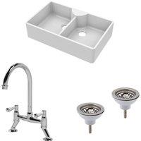 Balterley Fireclay Kitchen 2 Bowl Butler Sink 2 x Wastes Tap Chrome 895mm in White