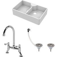 Balterley Fireclay 2 Bowl Stepped Weir Butler Sink Waste Tap 895mm in White
