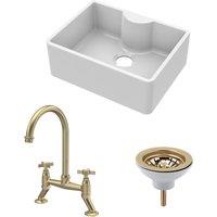 Balterley Single Fireclay Ceramic Bowl Butler Sink with Tap Ledge, Waste & Bridge Tap in White