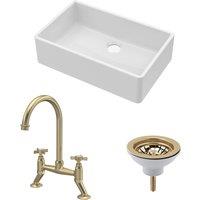 Balterley Fireclay 1 Bowl Butler Sink Waste Tap Brushed Brass 795mm in White