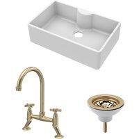 Balterley Fireclay 1 Bowl Butler Sink Tap Ledge Waste Tap Brushed Brass 795mm in White