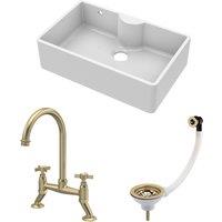 Balterley Fireclay 1 Bowl Butler Sink Overflow Waste Tap Brushed Brass 795mm in White