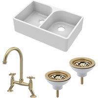 Balterley Fireclay 2 Bowl Full Weir Butler Sink Wastes Tap Brushed Brass 795mm in White