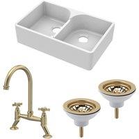 Balterley Fireclay 2 Bowl Stepped Weir Butler Sink Wastes Tap 795mm in White