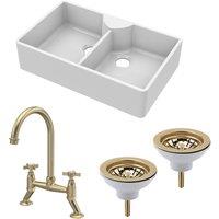 Balterley Fireclay 2 Bowl Butler Sink 2 x Wastes Bridge Crosshead Tap 895mm in White