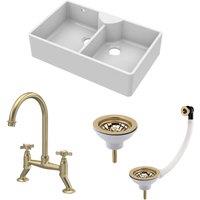 Balterley Double Bowl Fireclay Kitchen Sink Tap Wastes Brushed Brass 895mm in White