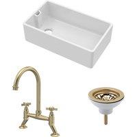 Balterley Fireclay 1 Bowl Belfast Sink Strainer Waste Tap Brushed Brass 795mm in White