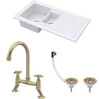 Balterley Fireclay 1.5 Bowl Sink Drainer Waste Tap Brushed Brass 1010mm in White
