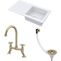 Balterley Fireclay 1 Bowl Sink Drainer Waste Tap 1010mm Brushed Brass in White