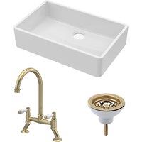 Balterley Fireclay 1 Bowl Butler Sink Waste Mixer Tap Brushed Brass 795mm in White