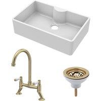 Balterley Fireclay 1 Bowl Butler Sink Tap Ledge Waste Tap Brushed Brass 795mm in White