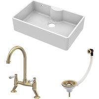 Balterley Fireclay 1 Bowl Butler Sink Overflow Waste Tap Brushed Brass 795mm in White