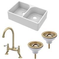 Balterley Double Bowl Fireclay Butler Sink Tap & Wastes Brushed Brass 795mm in White