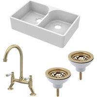 Balterley Fireclay 2 Bowl Stepped Weir Butler Sink Wastes Bridge Tap 795mm in White