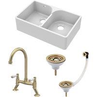 Balterley Fireclay 2 Bowl Stepped Weir Butler Sink Wastes Tap 795mm in White