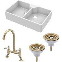 Balterley Fireclay 2 Bowl Butler Sink 2 x Wastes Bridge Lever Tap 895mm in White