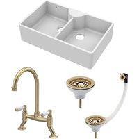 Balterley Fireclay 2 Bowl Stepped Weir Butler Sink Wastes Tap 895mm in White