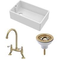 Balterley Fireclay 1 Bowl Belfast Sink Strainer Waste Tap Brushed Brass 795mm in White