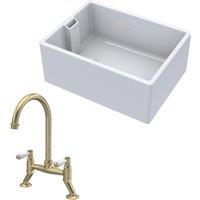 Balterley Fireclay Belfast Kitchen Sink & Brushed Brass Mixer Tap 615mm in White