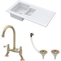 Balterley Fireclay 1.5 Bowl Sink Drainer Waste Tap Brushed Brass 1010mm in White